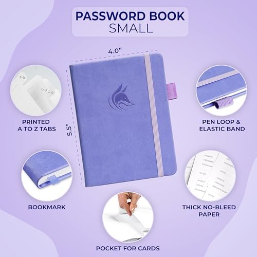 Clever Fox Password Book with Alphabetical Tabs, 4"x5.5" Keeper Lavender