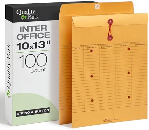 Quality Park 10 x 13 Interoffice Envelopes, 100 Pack, Inter Office Routing Envelopes with String & Button Closure, 28 lb Brown Kraft, Reusable Document Mailers