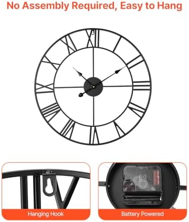 VEVOR Large Wall Clock, 24 in Wall Clock Roman Numerals, Battery Operated Non Ticking Classic Decorative Round Clocks, for Living Room Bedroom Office Kitchen Dining Room Home Decor