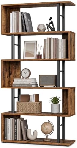 VASAGLE 6-Tier Book Shelf, S-Shaped Tall Display Shelf for Living Room | Bookcase Book Shelf, Tall Narrow Display Shelf Storage, Rustic Brown and Matte Black, BARNET Collection ULLS182KD01
