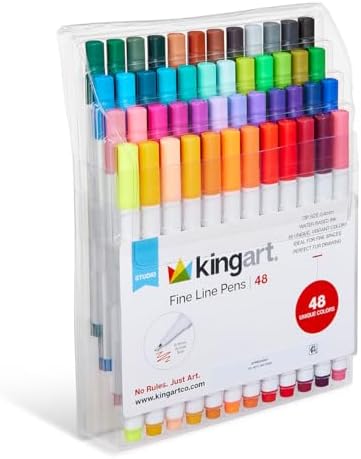 KINGART Studio Fine Line Pens, 48 Colors Set, 0.4mm Ultra Fine Tip for Drawing, Sketching, Journaling, Adult Coloring, & Art Projects, Water-Based Ink, Non-Bleeding.