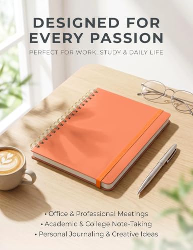 5 Pack Hardcover Spiral Notebooks, 8.3" x 6.3" Lined Journal Set, 100 GSM Bleed-Resistant Paper, 200 Pages Twin-Wire Bound Notebook with Elastic Band & Category Stickers for Office, School