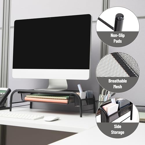 Mind Reader Monitor Stand, Ventilated Laptop Riser, Paper Tray, Storage, Office, Metal Mesh, 20"L x 11.5"W x 5.5"H, Black