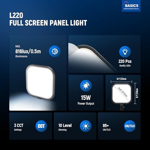 NEEWER BASICS15W 10.8" LED Video Light Panel Lighting Kit with 63" Tripod Stand/Phone Holder,Edge Lit Bi Color Dimmable Full Screen Light 816lux CRI95+ for Photography Filming Recording Streaming,L220