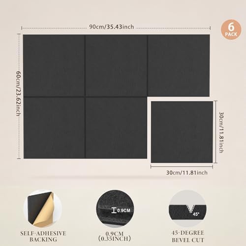 JBER Large Felt Bulletin Board 36" x 24", 6 Pack Felt Wall Tiles, Black