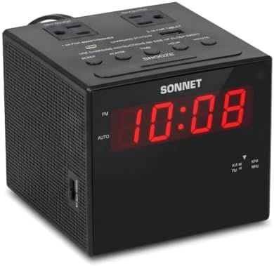 Digital Alarm Clock Radio with Charging Station, AM/FM Radio for Bedroom, 2 AC Outlets & USB-C + USB-A Charging Ports, LED Display, Snooze, AUX Input, Battery Backup – by Ken-Tech