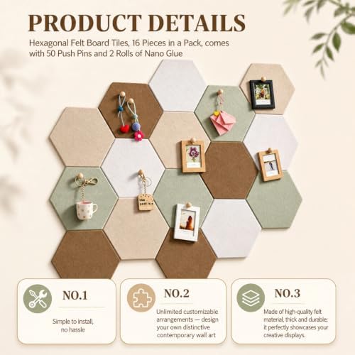 12x10 in 16 Pcs Hexagon Cork Board Tiles, Felt Pin Boards, Sage