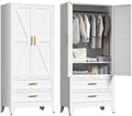 Washsemba 71'' Farmhouse Metal Wardrobe Cabinet with Hanging Rod, 2 Barn Door Wardrobe Closet with Adjustable Shelves,2 Drawer,for Dining Room,Bedroom,Living Room, Cloak Room,Office (White)