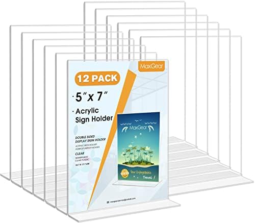 MaxGear 12 Pack Acrylic Sign Holder 5x7 inch Double-Sided Display, Vertical