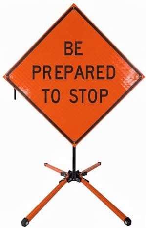 Traffic Roll-Up Sign Kit with Stand – Collapsible Safety Sign & Heavy-Duty Portable Stand, High Visibility, Easy Setup (Be Prepared To Stop, Reflective)