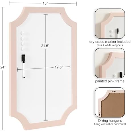 Kate and Laurel Holbrook Scalloped Magnetic Dry Erase Board with Marker and Four Magnets; 15 x 24; Pink; Decorative Wall Organization White Board for Use as Bedroom or Dorm Room Decor