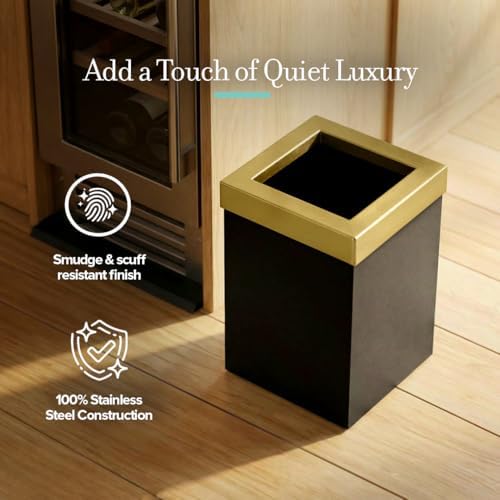 Gatco Small Bathroom Trash Can With Lid, Square 3 Gallon Stainless Steel Wastebasket, Under Sink, Matte Black And Brushed Brass, For Bathroom, Bedroom, Office (1934)