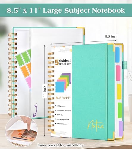 Spiral Notebook Journal with Removable Dividers Tabs, 300 Pages Hardcover Leather 5 Subject College Ruled Notebook, 8.5"x11" Large A4 Lined Journal for Women Men, Spiral Notebook for Work School,Teal