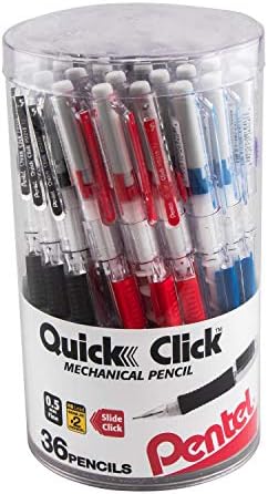 Pentel Quick Click Mechanical Pencil, (0.5mm) Fine Line, Canister, Assorted Colors (A/B/C/N/V), 36-PK (PD215PC36M)