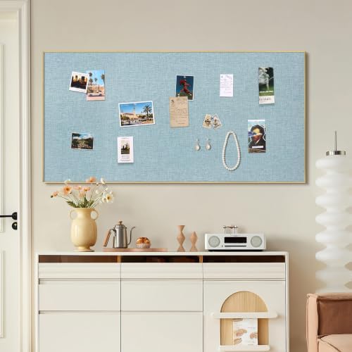 SELEAD Linen Bulletin Board 48” x 24” - Golden Aluminum Frame, Teal Fabric