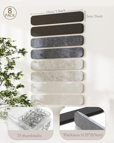 JBER Felt Strip Board 13" x 2", 8 Pack Cork Board Alternative, Ashen Mist