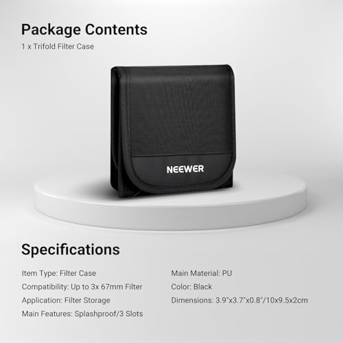 NEEWER 67mm Filter Case, Trifold Foldable Splash Resistant Protective Carry Pouch Storage Bag Accessories, Holds Up to Three 67mm Round Camera Lens Filters, PB14