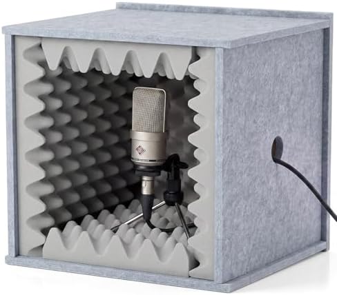 Pushglossy Desktop Soundproof Cover Portable Vocal Recording Booth Vocal Microphone Isolation Booth Cube for Music Studio Podcasts Decreasing Noise Home(Gray, 14.17 x 14.17 x 14.17 Inch, Holes)