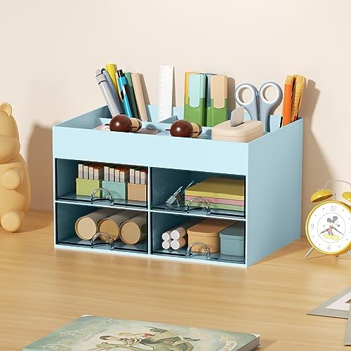 Marbrasse Pen Organizer with 4 Drawer, Multi-Functional Pencil Holder for Desk, Desk Organizers and Accessories with 4 Compartments + Drawer for Office Art Supplies (Blue)
