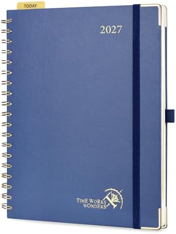 POPRUN 2027 Planner Daily Weekly and Monthly Calendar with Hourly Schedule, Monthly Tabs(Large Size 10'' x 8'' Wire-Bound Hard Cover) - Agenda 2027 (Jan.2027-Dec.2027) - Navy Blue