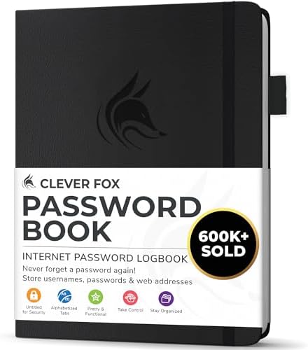 Clever Fox Password Book with Alphabetical Tabs, 4"x5.5" Keeper Black