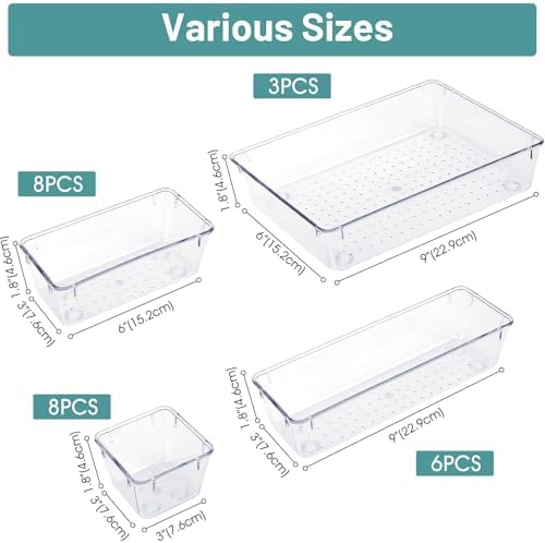 25 PCS Clear Plastic Drawer Organizer, Makeup Organizers and Storage Bins