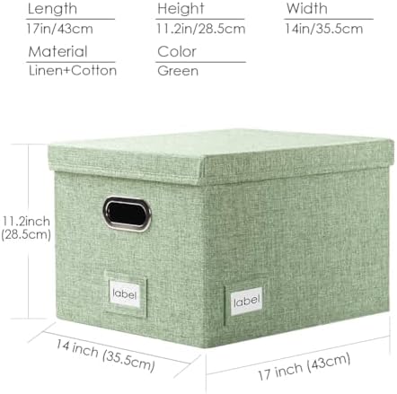 PRANDOM File Organizer Box - Set of 2 Collapsible Decorative Linen Filing Storage Hanging File Folders with Lids Office Cabinet Letter/Legal Size Green 17x14x11.2 inch