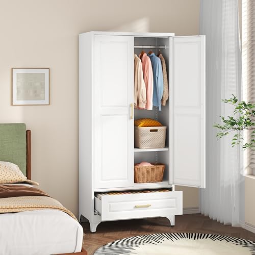 SteeLoong 71”H Metal Wardrobe Cabinet,Armoire Wardrobe Closet with Drawer