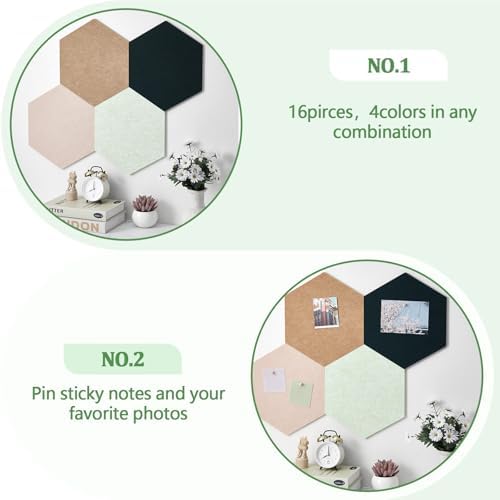 12x10 in 16 Pcs Hexagon Cork Board Tiles, Felt Pin Boards, Green