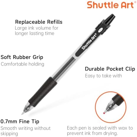 Shuttle Art School & Work Supplies Bundle, 100 Pack Black Retractable Gel Pens + 60 Pack Black Retractable Gel Pen Refills 0.7mm Fine Point for Writing Journaling Taking Notes School Office Home