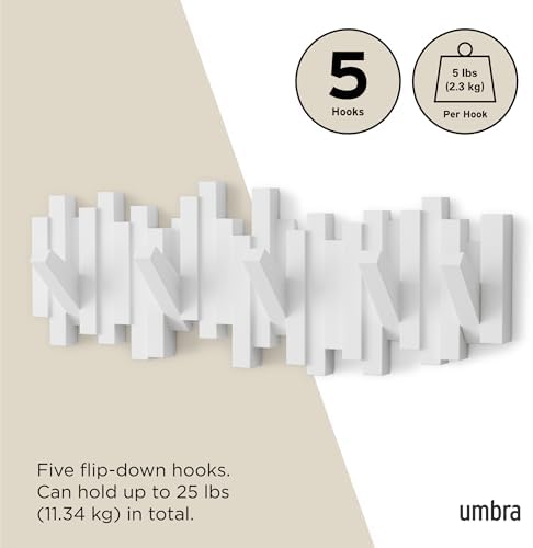 Umbra Sticks Wall Mount Coat Rack, 5 Hook Retractable Pegs, White
