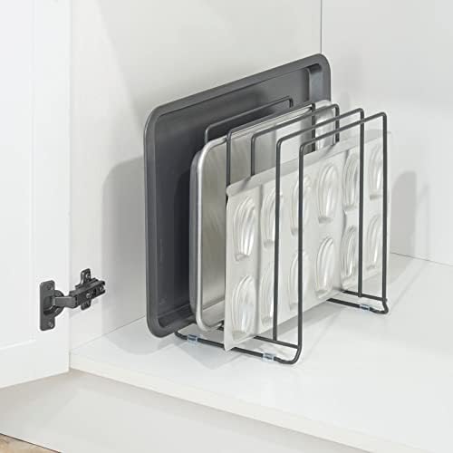 mDesign Pot Lid and Pan Rack — Metal Wire Rack for Cabinets, Pantries or Kitchen Surfaces — Freestanding Pan Stand with 5 Slots for Pans, Pots, Lids and Crockery — Dark Grey