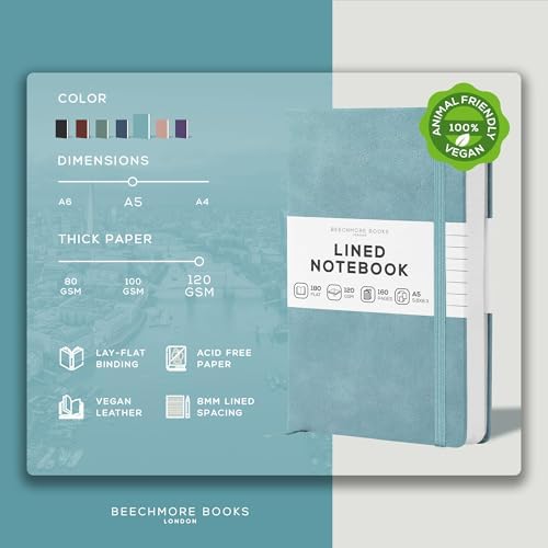 BEECHMORE BOOKS A5 5x8 Lined Leather Journal For Men, 120 GSM with Gift Box