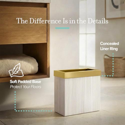 Gatco Modern Rectangle Wastebasket, White Oak/Brushed Brass Lid - Stainless Steel Trash Can with Removable Lid, Leakproof, 3 Gallon Capacity for Bathroom, Bedroom, Kitchen, or Office