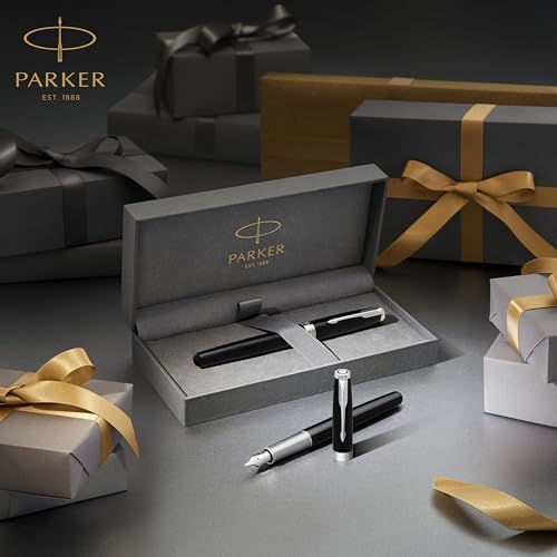 PARKER Sonnet Fountain Pen | Premium Metal and Black Gloss Finish with Gold Trim | Fine 18k Gold Nib with Black Ink Cartridge | Gift Box