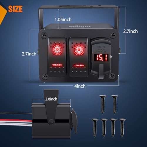 Nilight 2 Gang Rocker Switch Box w/Voltmeter PD Type C and USB Socket