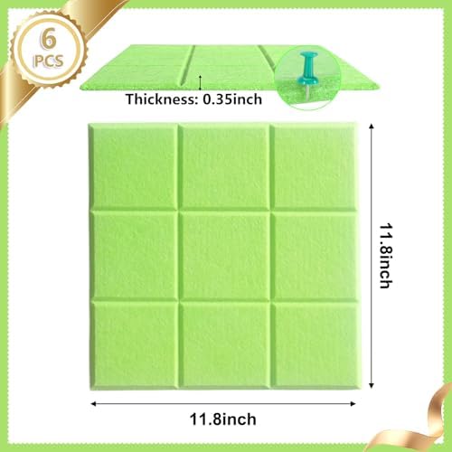 6 Packs Cork Board Felt Board Tiles, Bulletin Board 12"X12" with 30 Push Pins, Felt Board for Home Kitchen Office Decor, Self-Adhesive Corkboard Tiles for Walls School Message Display Board-Green-2
