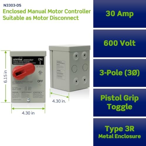 Leviton 30 Amp, 600 Volt, Toggle in Type 3R Enclosure Three-Pole, Industrial Grade, Grounded To Enclosure, N3303-DS, Gray
