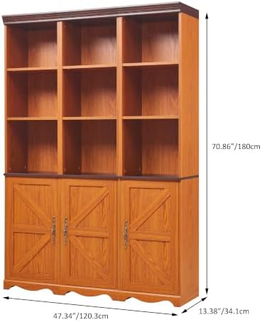KEIKI Farmhouse Bookcase with Storage Cabinets, Modular Bookshelf, Dark Oak