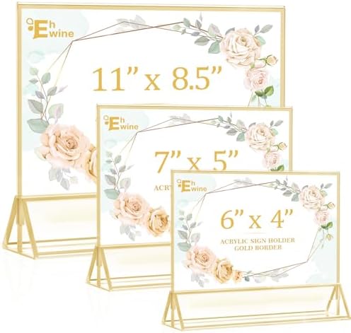 EHWINE 12 Pack Acrylic Sign Holder 4 x 6 Horizontal, Double-Sided Stand up Table Top Sign Holders, Gold Acrylic Picture Frame Menu Flyer Paper Holder Display Stand for Office Business Store Wedding Party