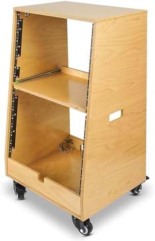 Sound Town DIY Slanted 16U Studio Rack (8U Top + 8U Lower), with 2U Bottom Storage, Slide-Out Tray, Caster, Plywood, Golden Oak for Recording Room, Home Studio (SDRK-ST16T)