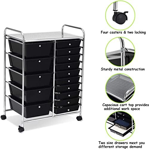 COSTWAY 15 Drawer Rolling Storage Cart, Mobile Utility Cart with Lockable Wheels, Drawers, Multipurpose Organizer Cart for Home, Office, School, Black