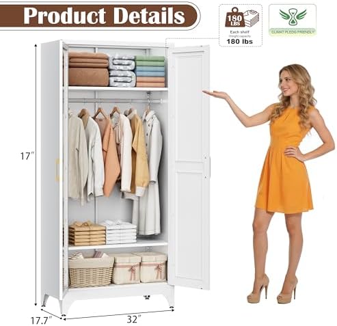 SteeLoong 71”Armoire Wardrobe Close,White Wardrobe Cabinet with Mirror Door