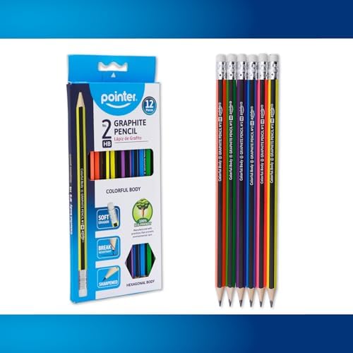 Pointer Wooden Pencils Pre-Sharpened HB Graphite Colorful Assorted Bodies, Hexagonal Grip for Comfortable Use with Soft Erasers Strong Break-Resistant Core Smooth Writing for Classrooms Work - 12Pcs