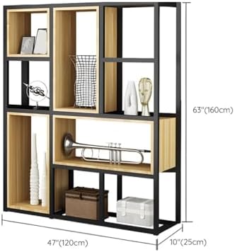 Wood Industrial Cube Bookcase with Shelves & Open Back Iron Bookshelf Floor Steel & Wood Shelf Multi-Layer Shelf Storage Rack Office Partition Display Rack Natural 47.2" L x 9.8" W x 63" H