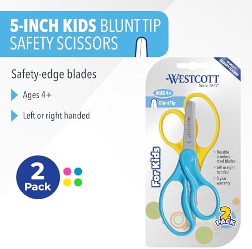 Westcott 5" Hard Handle Kids Scissors, Blunt, Assorted Colors, 2-Pack