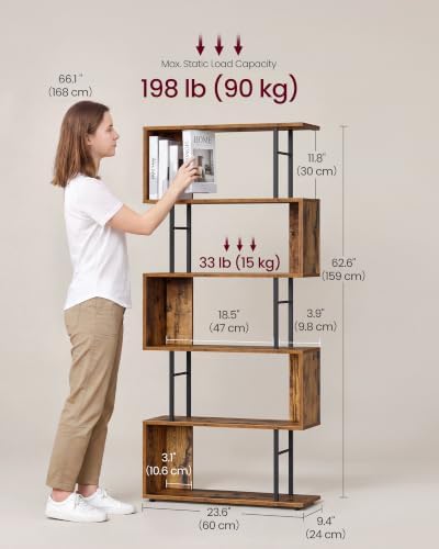 VASAGLE 6-Tier Book Shelf, S-Shaped Tall Display Shelf for Living Room | Bookcase Book Shelf, Tall Narrow Display Shelf Storage, Rustic Brown and Matte Black, BARNET Collection ULLS182KD01