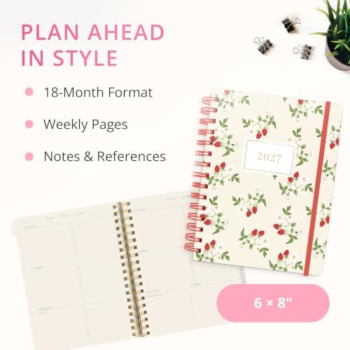 Graphique Strawberries 18 Month Planner, July 2026 – Dec. 2027, Hardbound Spiral Planner with Monthly Tabs, Holidays & Reminder Stickers, 6” x 8”
