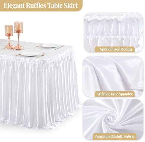 Wish Care 17ft White Satin Long Table Skirt for Rectangle Tables Wrinkle Free Teacher Desk Skirt Glitter Ruffle Table Skirting Cloth for Office Wedding Birthday Baby Shower Party Banquet Table Decor