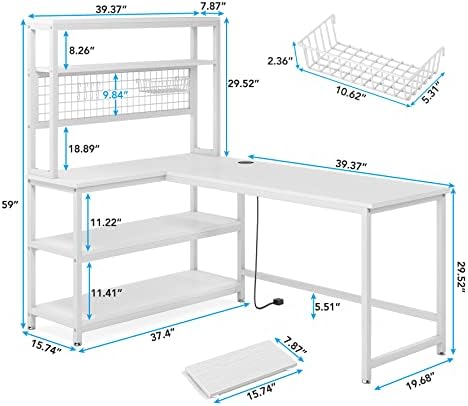 LITTLE TREE L-Shaped Computer Desk, 55 Inch Reversible Office Desk, Study Writing Table with Wireless Charging and Bookshelf for Home Office, White